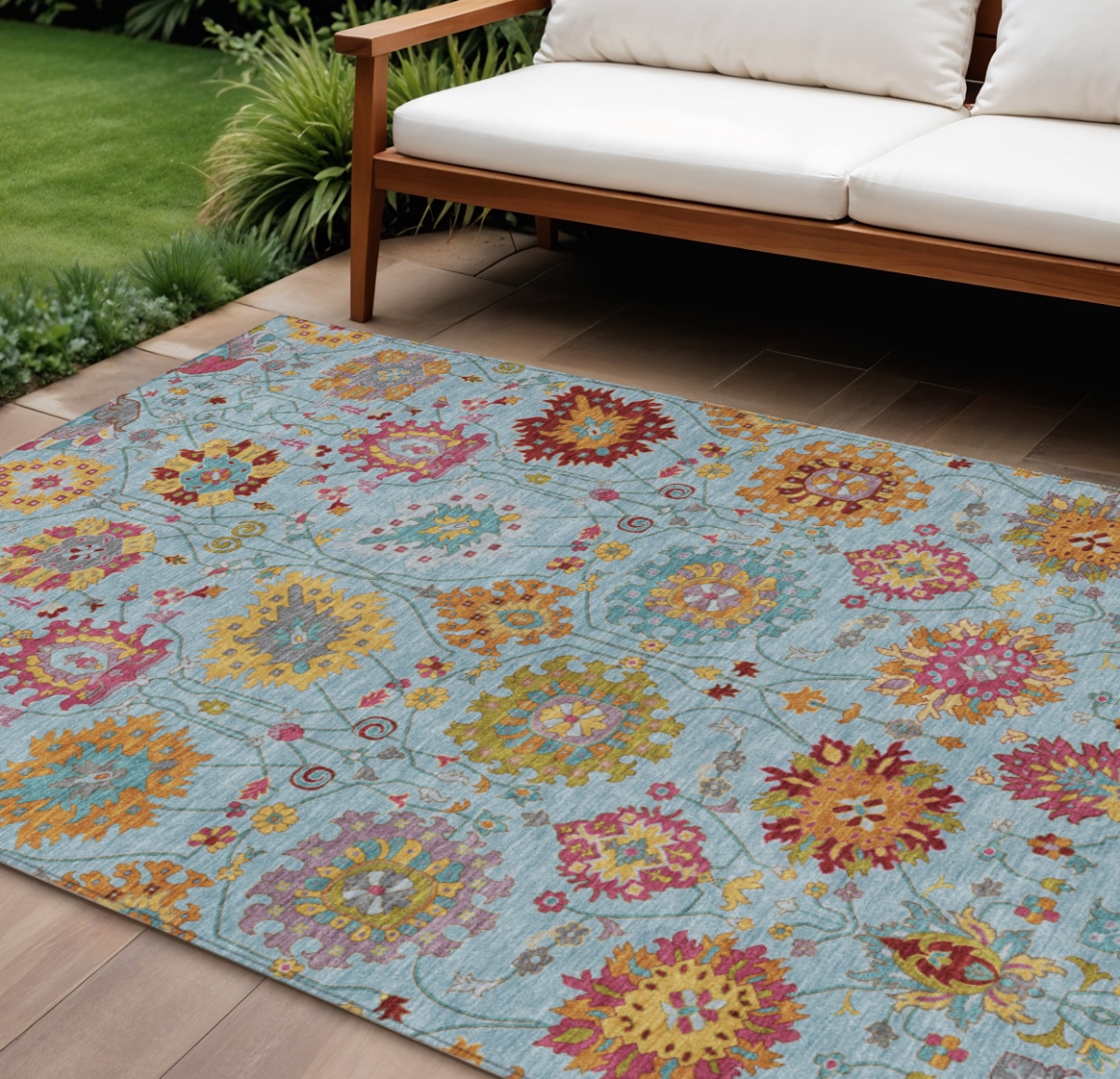 657858 10 x 14 ft. Sky Blue Gold & Pink Damask Washable Transitional Indoor & Outdoor Rectangle Area Rug