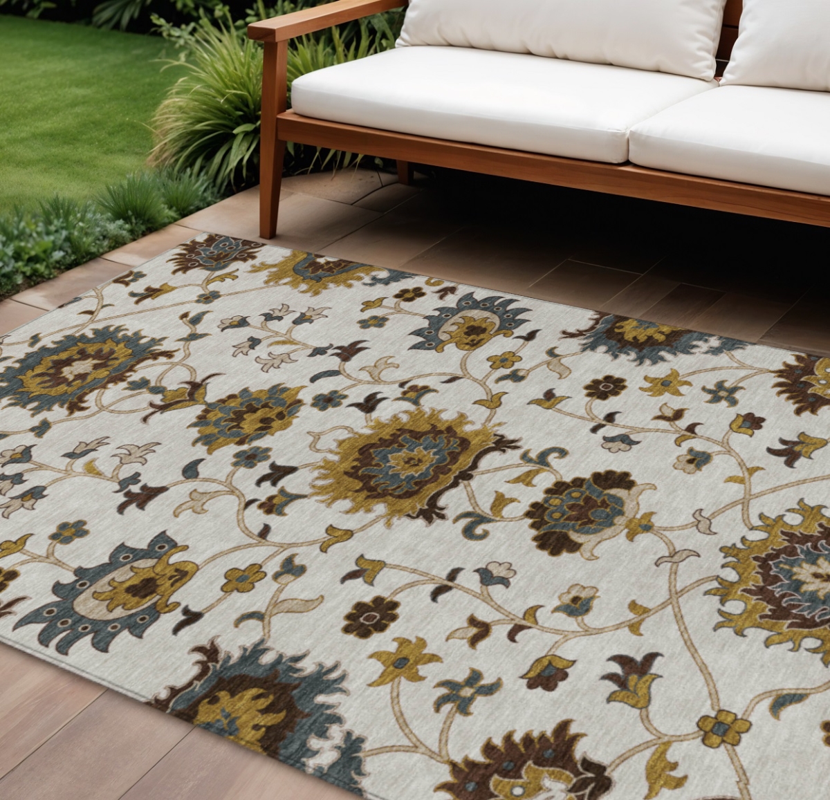 657936 10 x 14 ft. Ivory, Gray & Gold Floral Washable Traditional Indoor & Outdoor Rectangle Area Rug