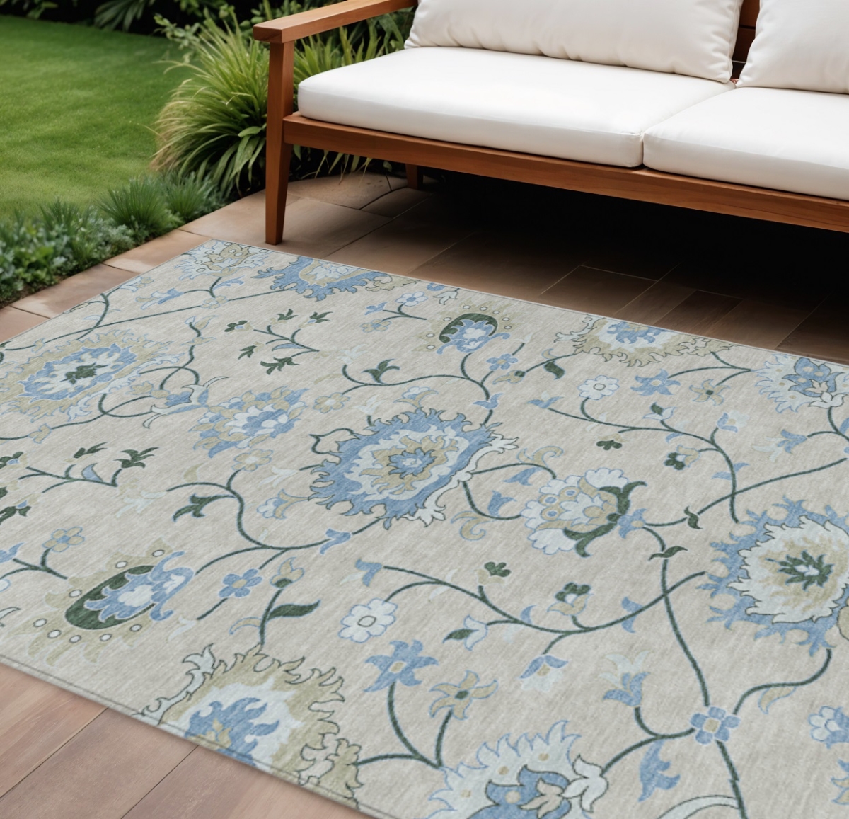 657954 10 x 14 ft. Beige Blue & Ivory Floral Washable Traditional Indoor & Outdoor Rectangle Area Rug