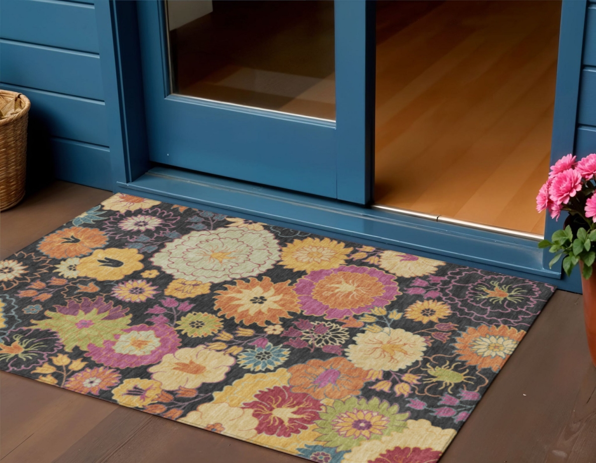 658045 3 x 5 ft. Black Gold & Pink Floral Washable Transitional Indoor & Outdoor Rectangle Area Rug