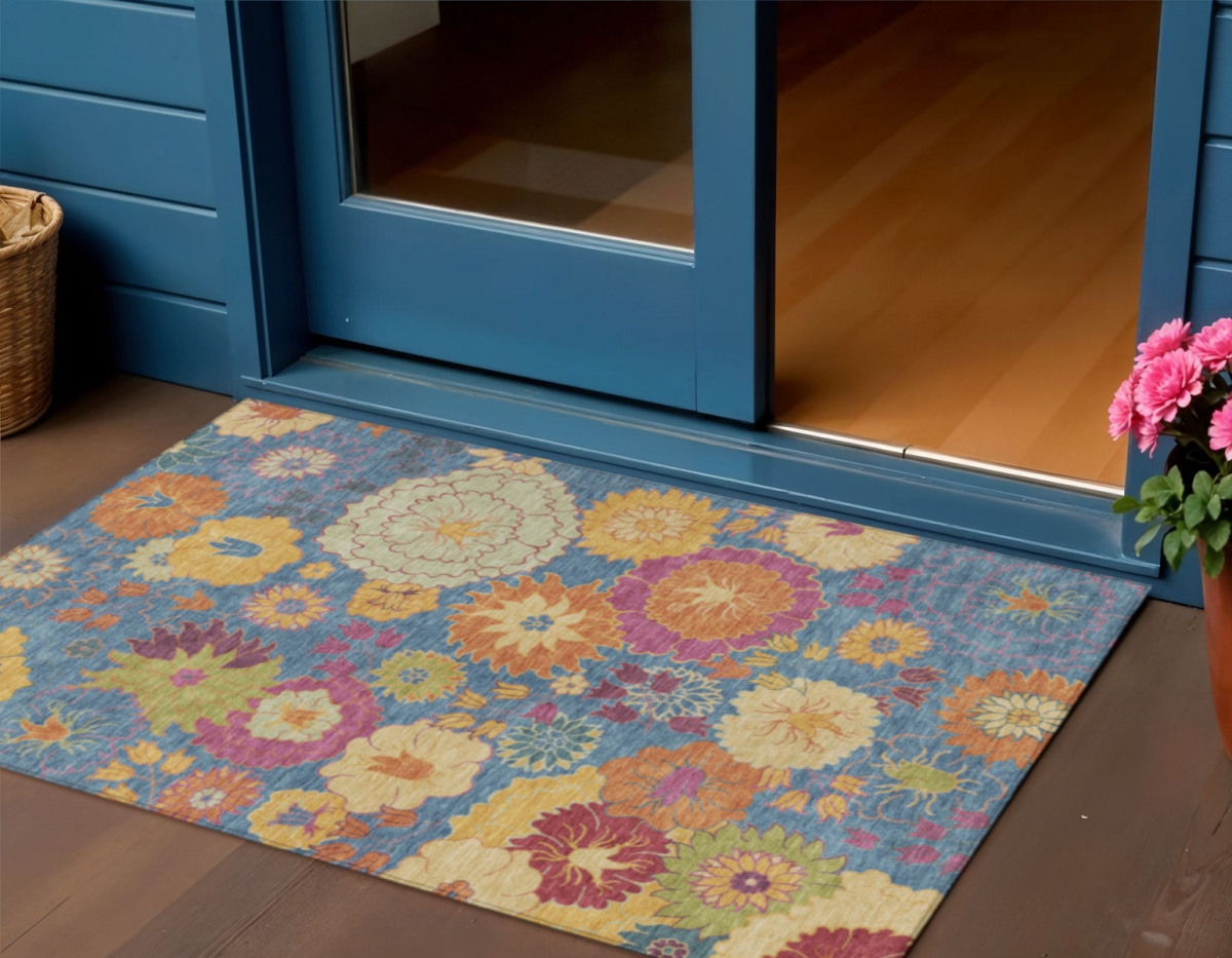 658051 3 x 5 ft. Blue Gold & Pink Floral Washable Transitional Indoor & Outdoor Rectangle Area Rug
