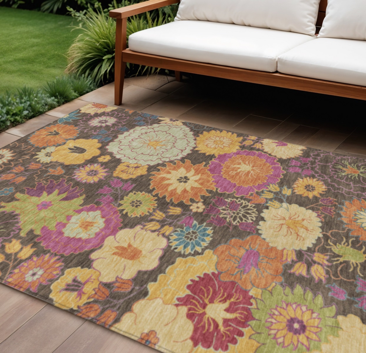 658061 9 x 12 ft. Chocolate Gold & Pink Floral Washable Transitional Indoor & Outdoor Rectangle Area Rug