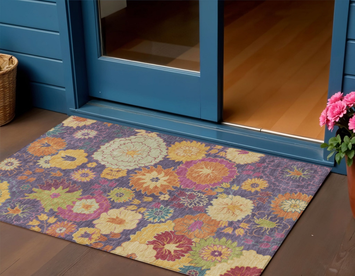 658081 3 x 5 ft. Purple Gold & Pink Floral Washable Transitional Indoor & Outdoor Rectangle Area Rug