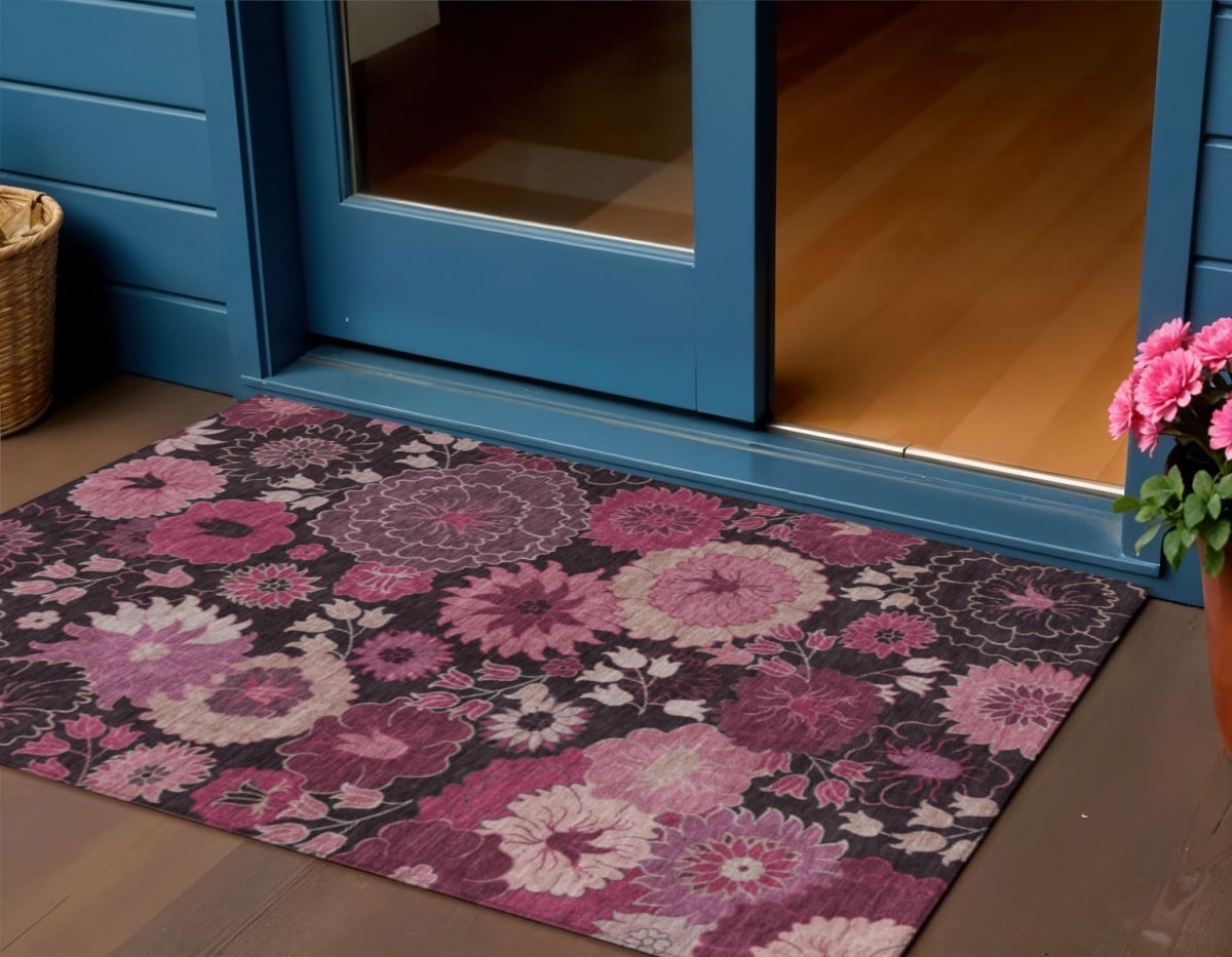 658123 3 x 5 ft. Blush & Black Floral Washable Transitional Indoor & Outdoor Rectangle Area Rug