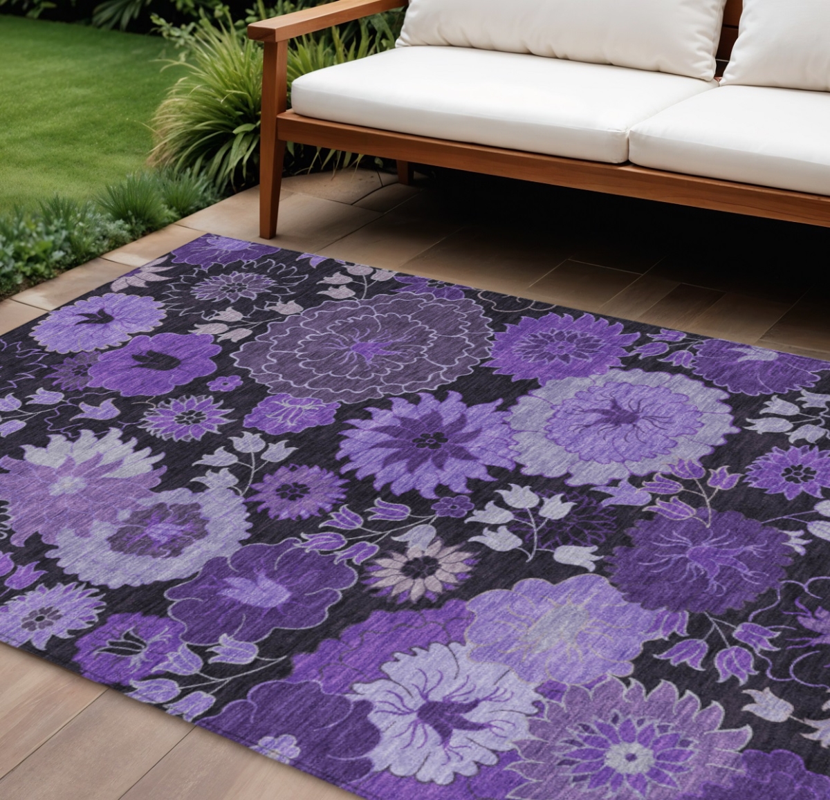 658140 10 x 14 ft. Purple & Black Floral Washable Transitional Indoor & Outdoor Rectangle Area Rug