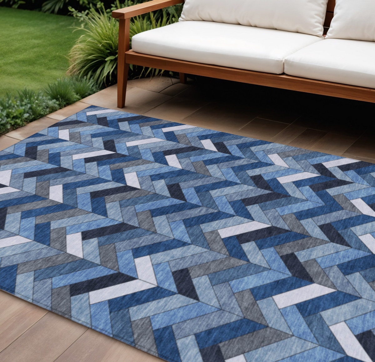 658150 8 x 10 ft. Blue & Ivory Geometric Washable Transitional Indoor & Outdoor Rectangle Area Rug
