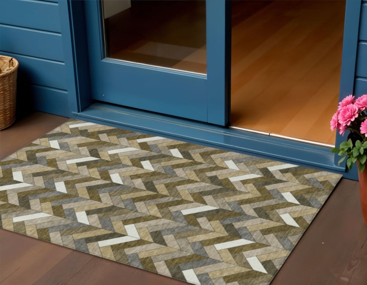 658153 3 x 5 ft. Brown & Ivory Geometric Washable Transitional Indoor & Outdoor Rectangle Area Rug