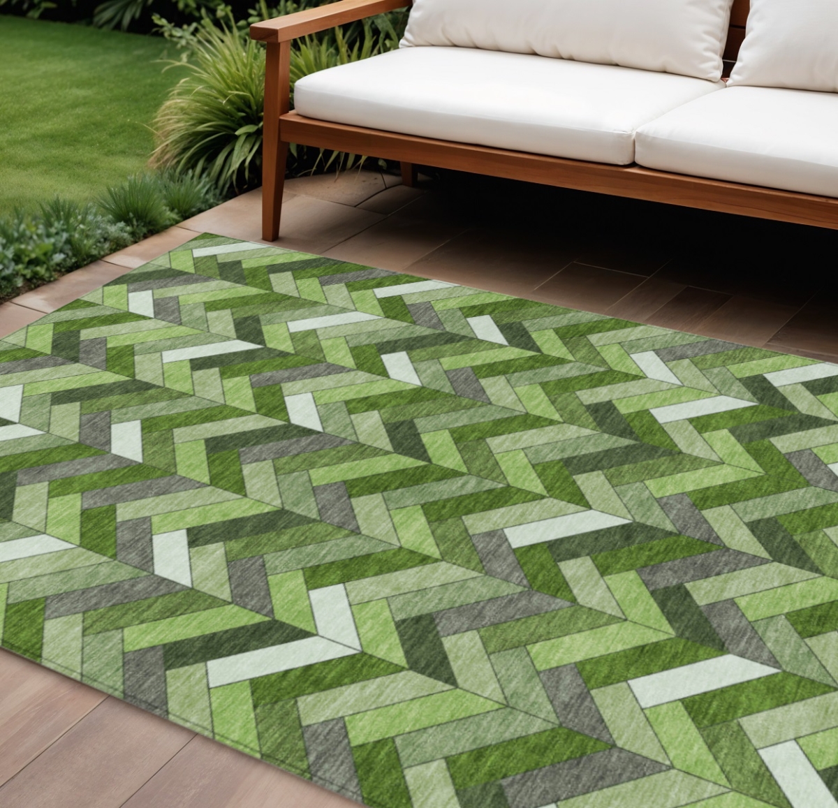 658174 8 x 10 ft. Olive Green & Ivory Geometric Washable Transitional Indoor & Outdoor Rectangle Area Rug