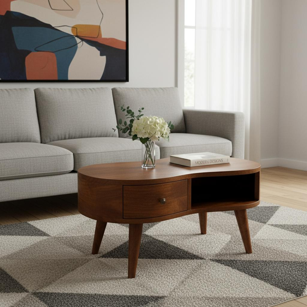 657793 28 in. Solid Wood Free Form Coffee Table with Drawer & Shelf - Chestnut