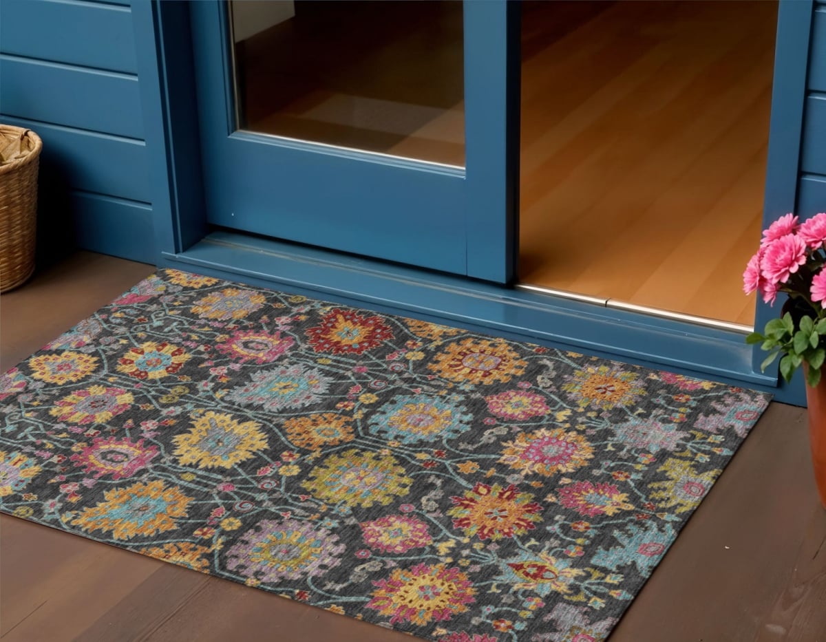 657805 3 x 5 ft. Black Gold & Pink Damask Washable Transitional Indoor & Outdoor Rectangle Area Rug
