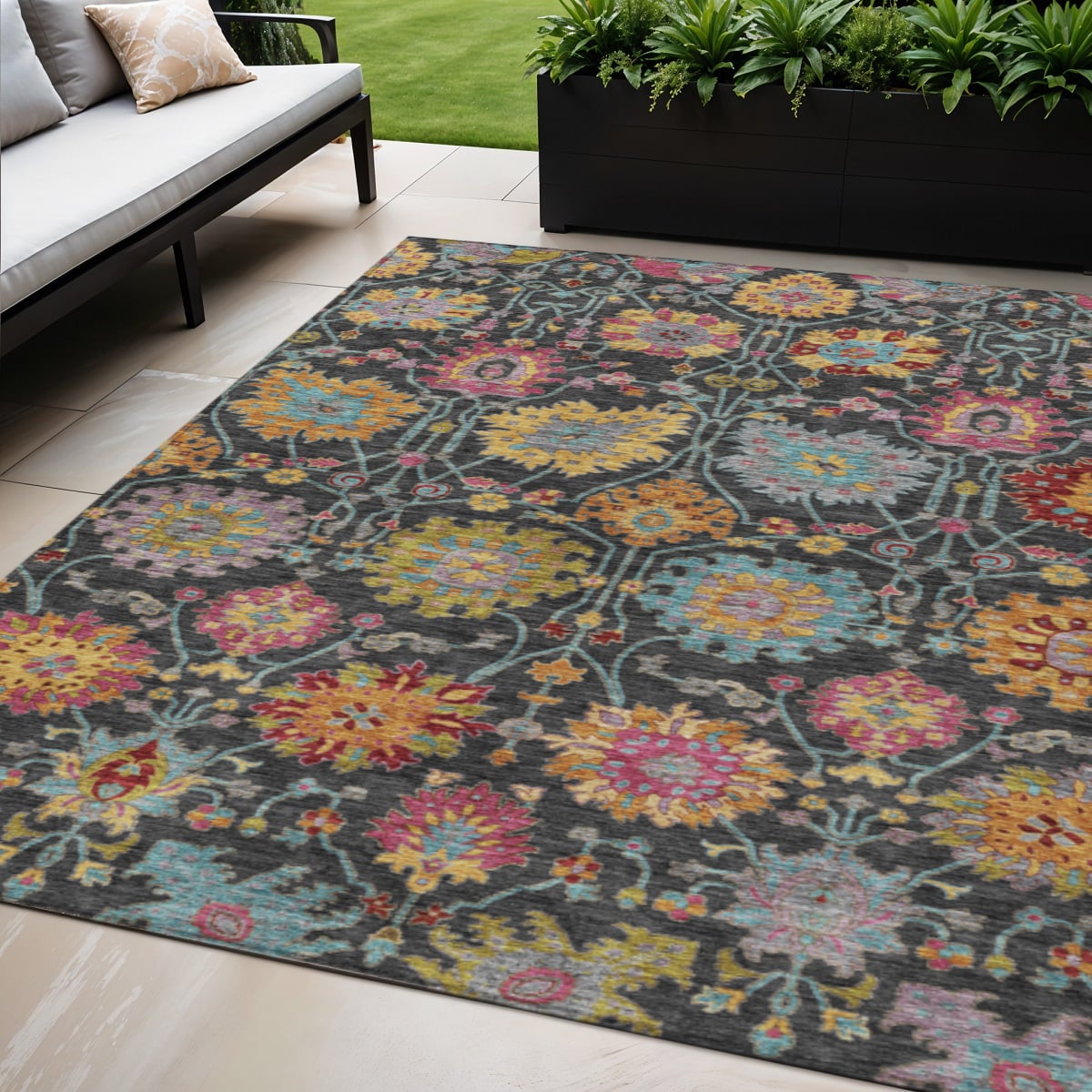657806 5 x 8 ft. Black Gold & Pink Damask Washable Transitional Indoor & Outdoor Rectangle Area Rug