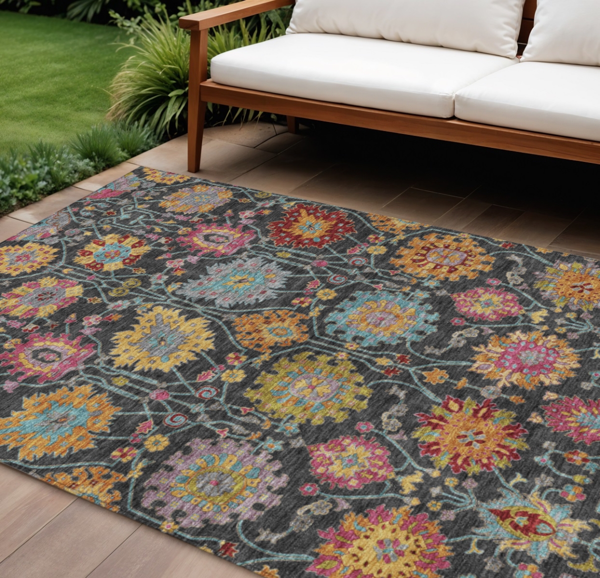 657810 10 x 14 ft. Black Gold & Pink Damask Washable Transitional Indoor & Outdoor Rectangle Area Rug