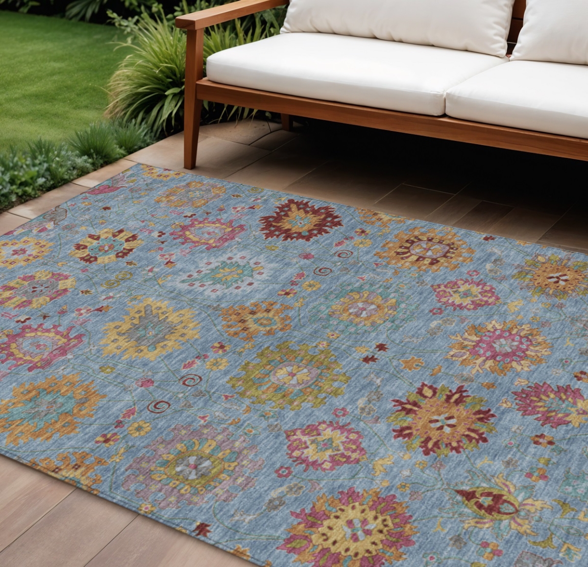 657815 9 x 12 ft. Blue Gold & Pink Damask Washable Transitional Indoor & Outdoor Rectangle Area Rug