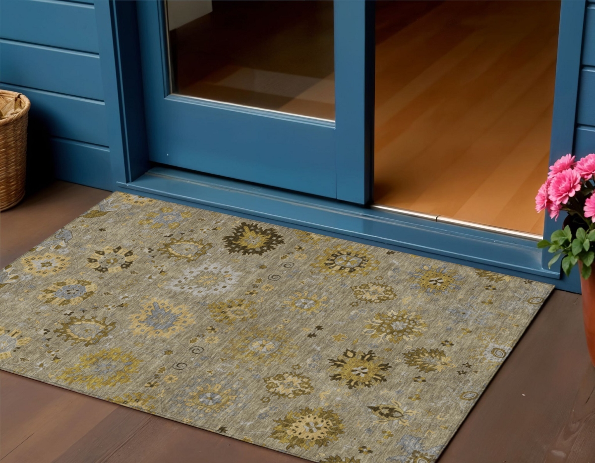 657877 3 x 5 ft. Khaki Gold & Gray Damask Washable Transitional Indoor & Outdoor Rectangle Area Rug