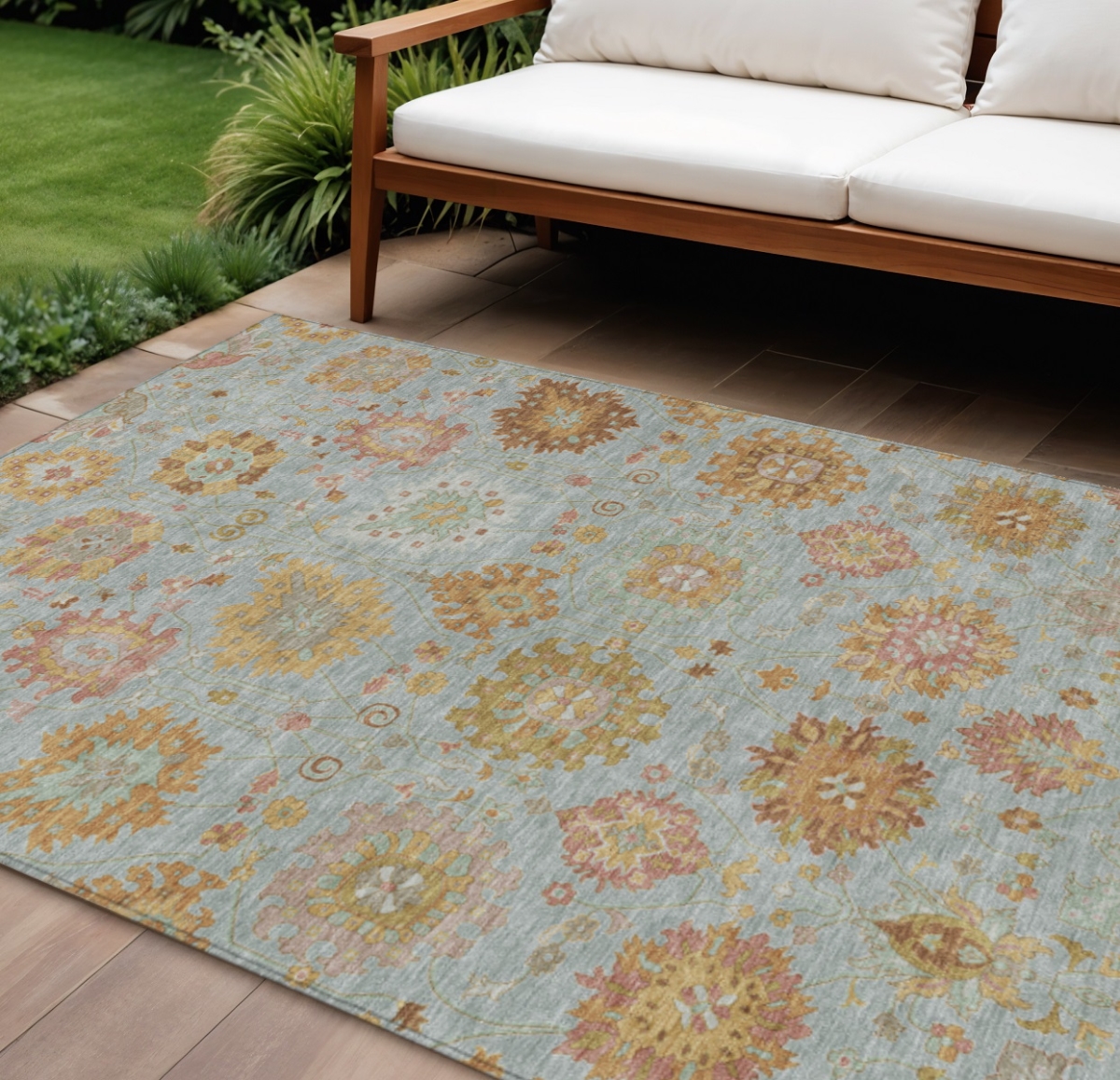 657887 9 x 12 ft. Pale Aqua & Gold Damask Washable Transitional Indoor & Outdoor Rectangle Area Rug