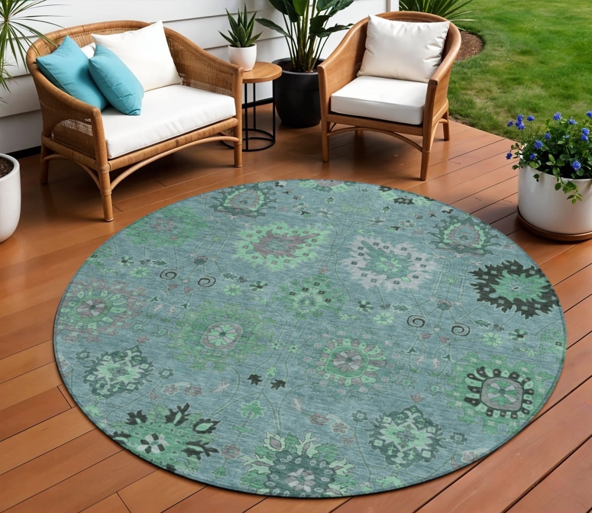 657891 8 ft. Teal, Blue & Gray Damask Washable Transitional Indoor & Outdoor Round Area Rug