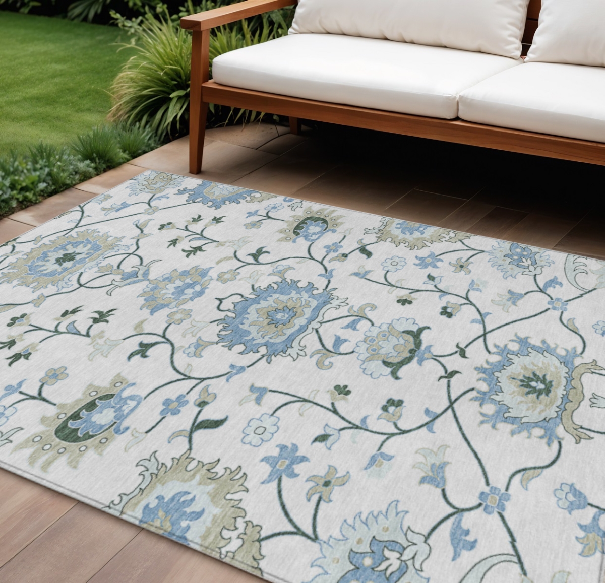 657965 9 x 12 ft. Ivory Blue & Beige Floral Washable Traditional Indoor & Outdoor Rectangle Area Rug