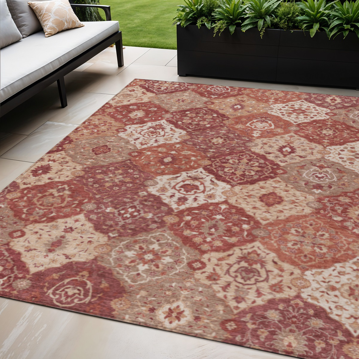 657992 5 x 8 ft. Rust Burgundy & Ivory Floral Medallion Washable Transitional Indoor & Outdoor Rectangle Area Rug