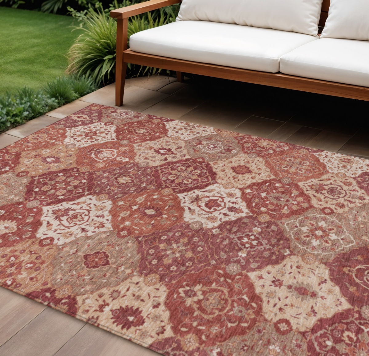 657995 9 x 12 ft. Rust Burgundy & Ivory Floral Medallion Washable Transitional Indoor & Outdoor Rectangle Area Rug