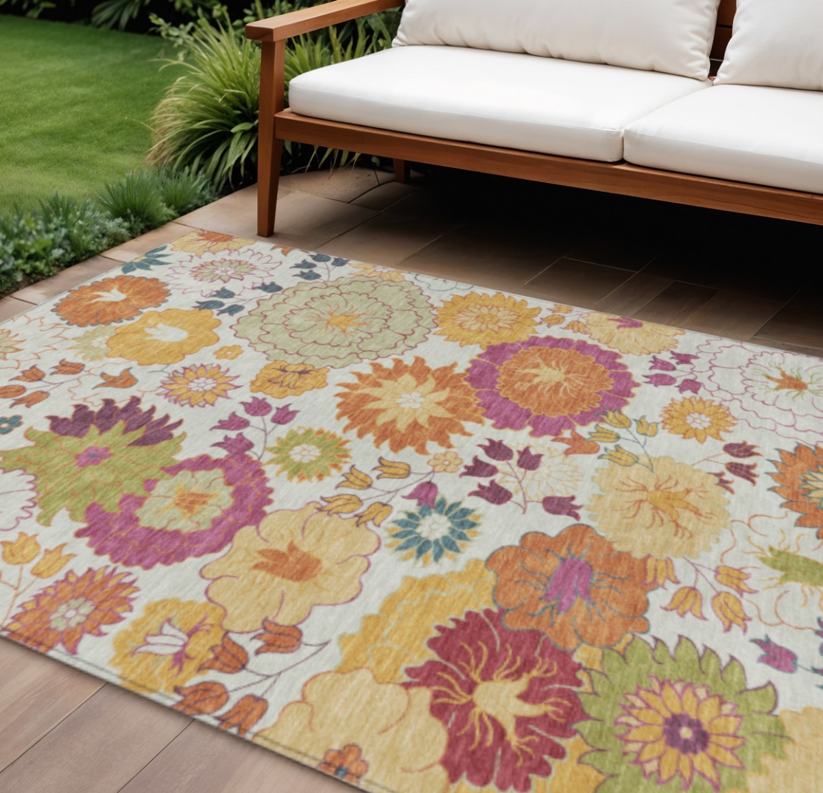 658073 9 x 12 ft. Ivory Gold & Pink Floral Washable Transitional Indoor & Outdoor Rectangle Area Rug