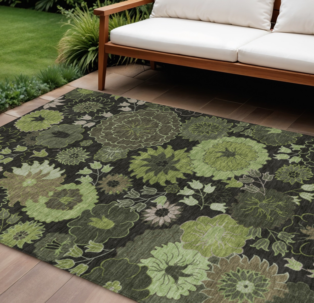 658134 10 x 14 ft. Green & Black Floral Washable Transitional Indoor & Outdoor Rectangle Area Rug
