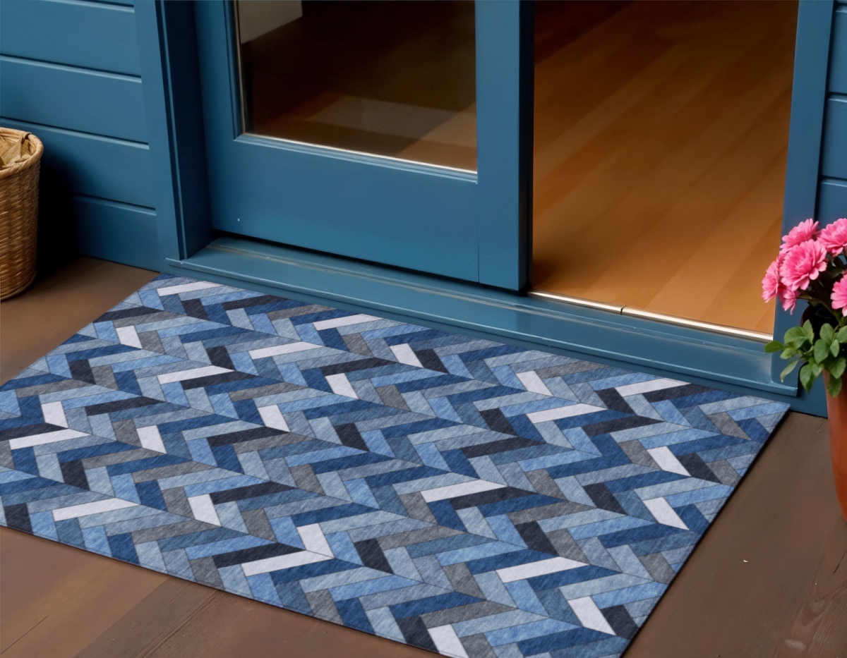658147 3 x 5 ft. Blue & Ivory Geometric Washable Transitional Indoor & Outdoor Rectangle Area Rug