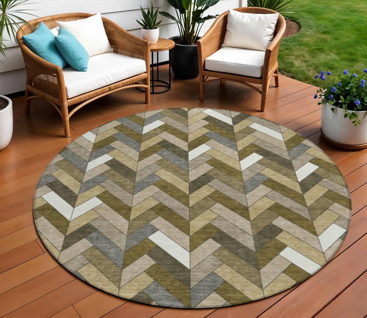 658155 8 ft. Brown & Ivory Geometric Washable Transitional Indoor & Outdoor Round Area Rug
