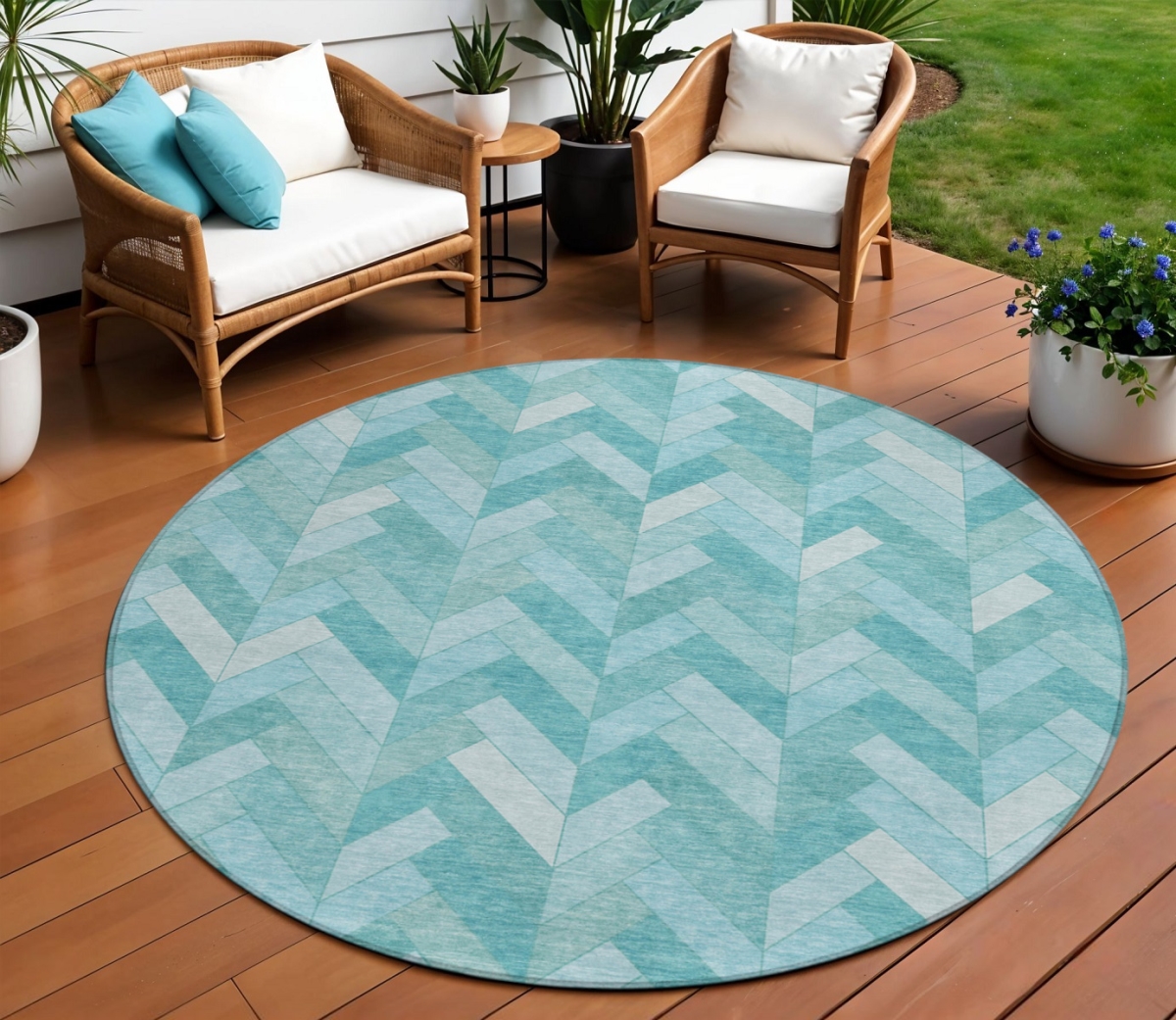 658197 8 ft. Aqua & Ivory Geometric Washable Transitional Indoor & Outdoor Round Area Rug