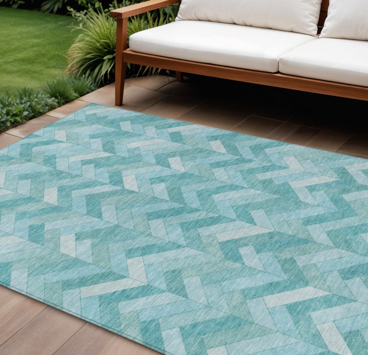 658198 8 x 10 ft. Aqua & Ivory Geometric Washable Transitional Indoor & Outdoor Rectangle Area Rug