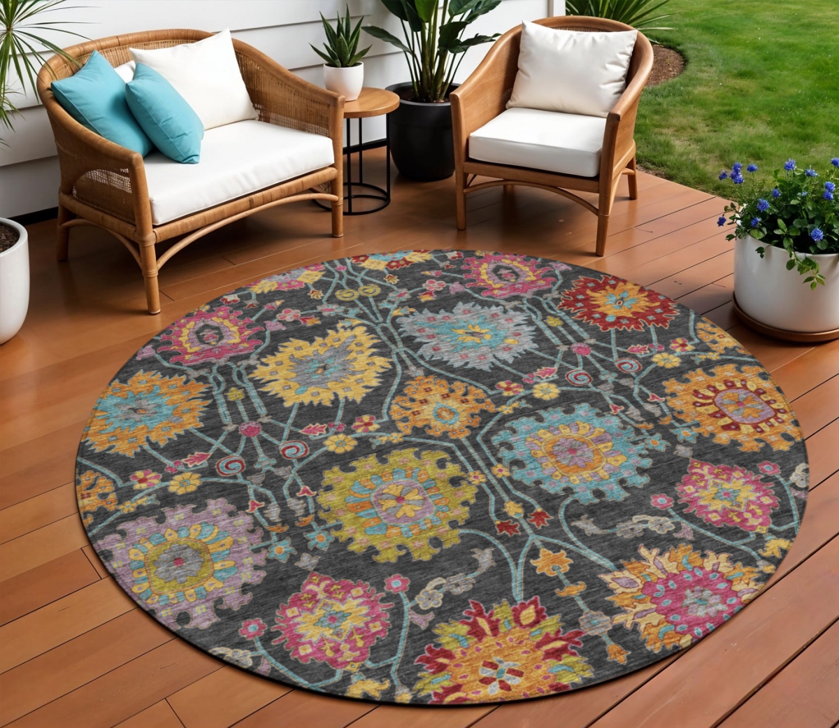 657807 8 ft. Black Gold & Pink Damask Washable Transitional Indoor & Outdoor Round Area Rug