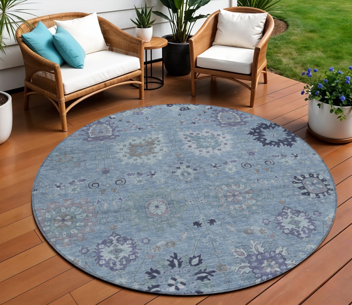 657867 8 ft. Denim Blue & Gray Damask Washable Transitional Indoor & Outdoor Round Area Rug