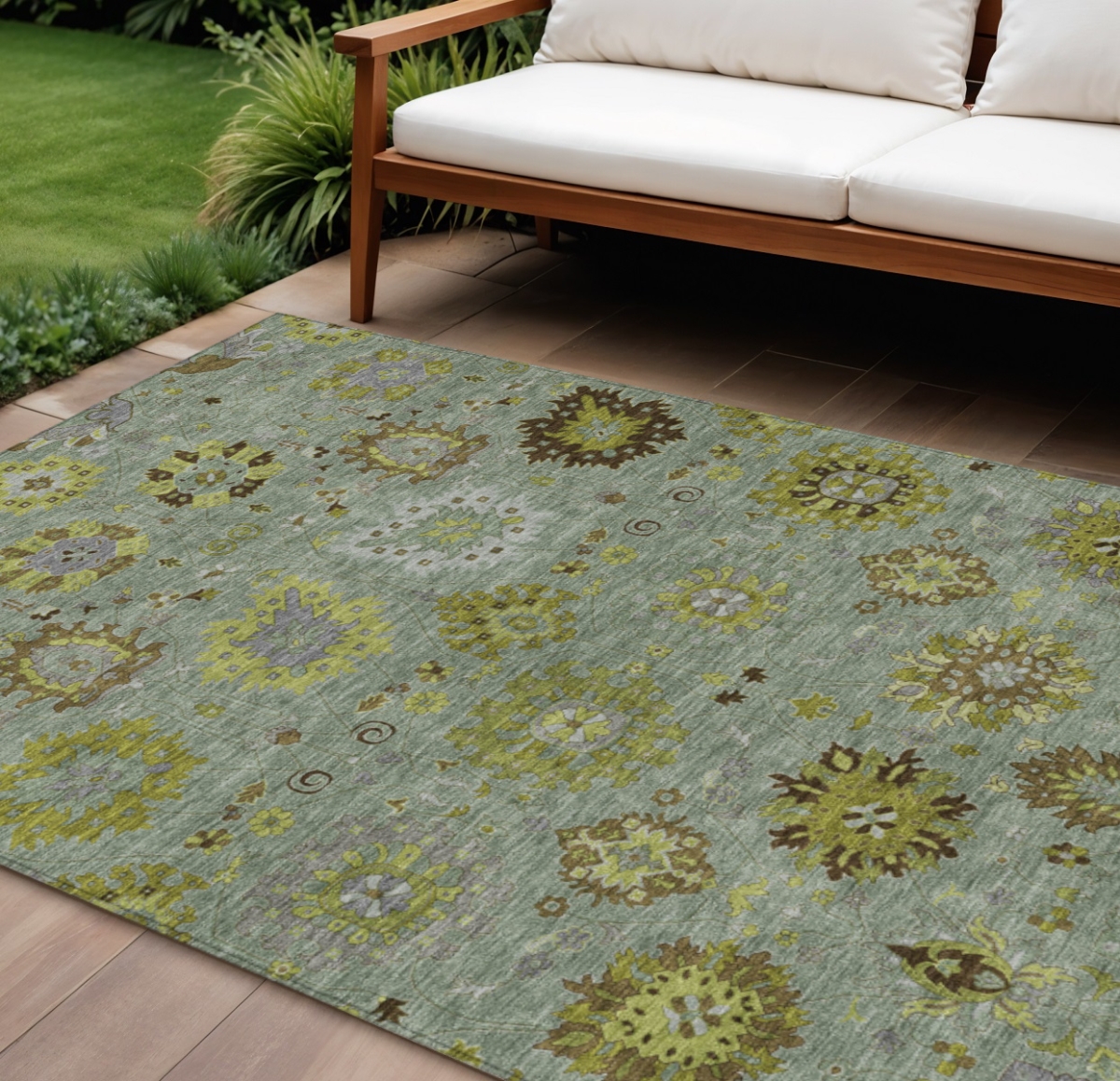 657876 10 x 14 ft. Fern Green & Gray Damask Washable Transitional Indoor & Outdoor Rectangle Area Rug