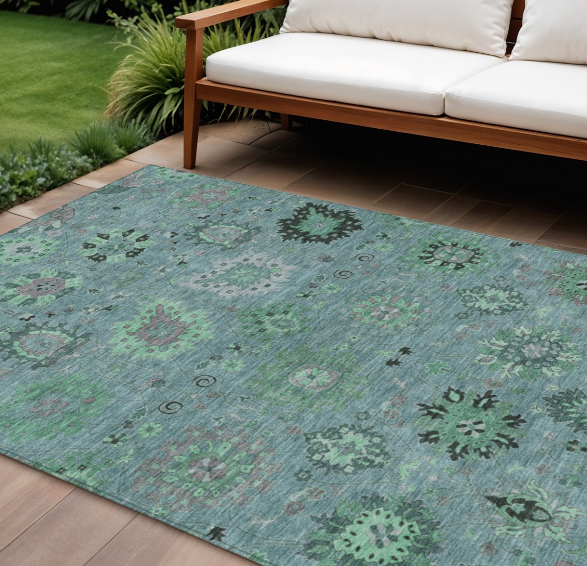 657893 9 x 12 ft. Teal, Blue & Gray Damask Washable Transitional Indoor & Outdoor Rectangle Area Rug