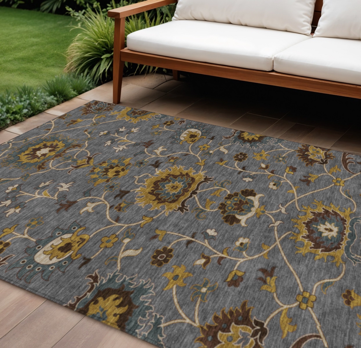 657929 9 x 12 ft. Gray Gold & Beige Floral Washable Traditional Indoor & Outdoor Rectangle Area Rug