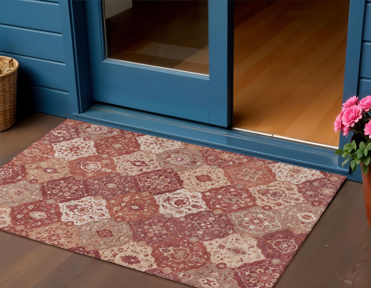 657991 3 x 5 ft. Rust Burgundy & Ivory Floral Medallion Washable Transitional Indoor & Outdoor Rectangle Area Rug