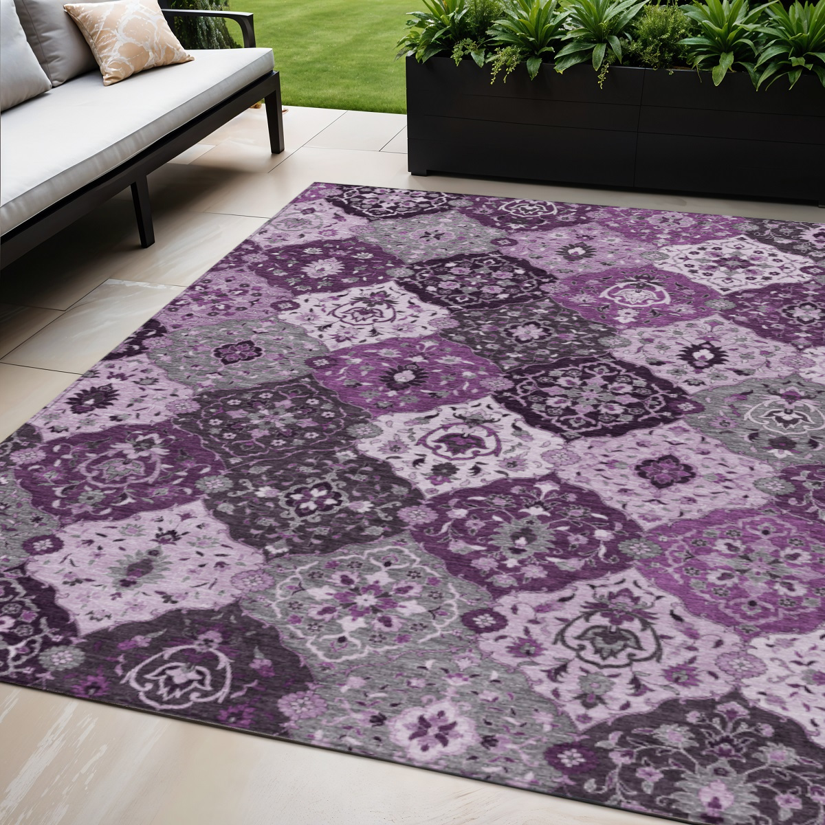 658028 5 x 8 ft. Purple & Ivory Floral Medallion Washable Transitional Indoor & Outdoor Rectangle Area Rug