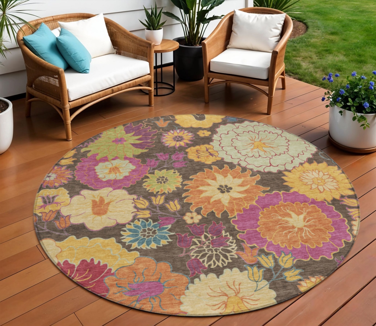 658059 8 ft. Chocolate Gold & Pink Floral Washable Transitional Indoor & Outdoor Round Area Rug