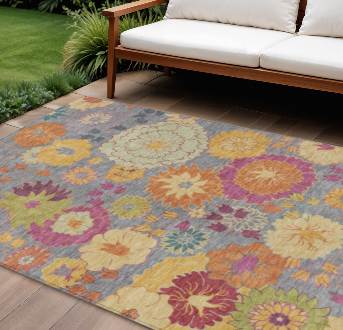 658066 8 x 10 ft. Gray Gold & Pink Floral Washable Transitional Indoor & Outdoor Rectangle Area Rug