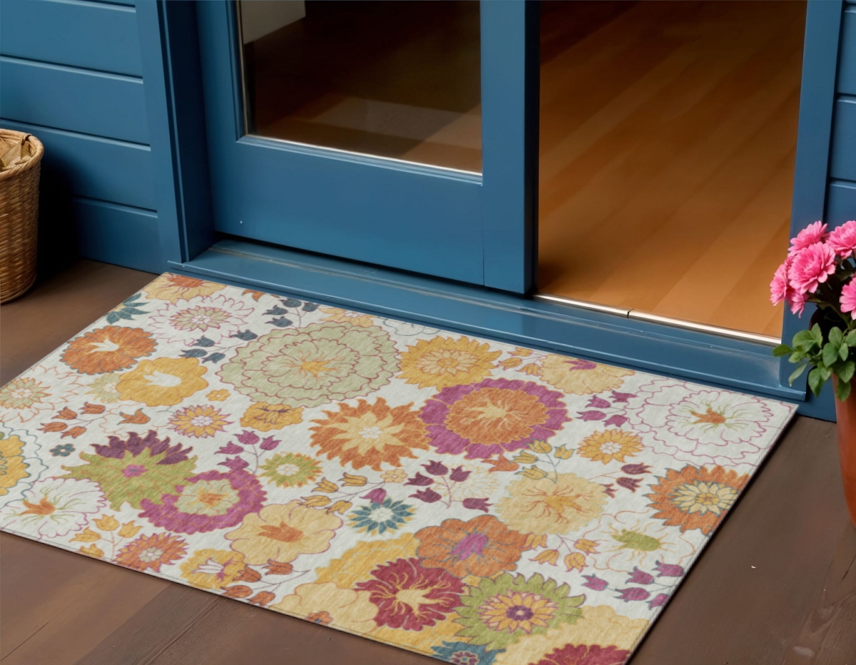 658069 3 x 5 ft. Ivory Gold & Pink Floral Washable Transitional Indoor & Outdoor Rectangle Area Rug