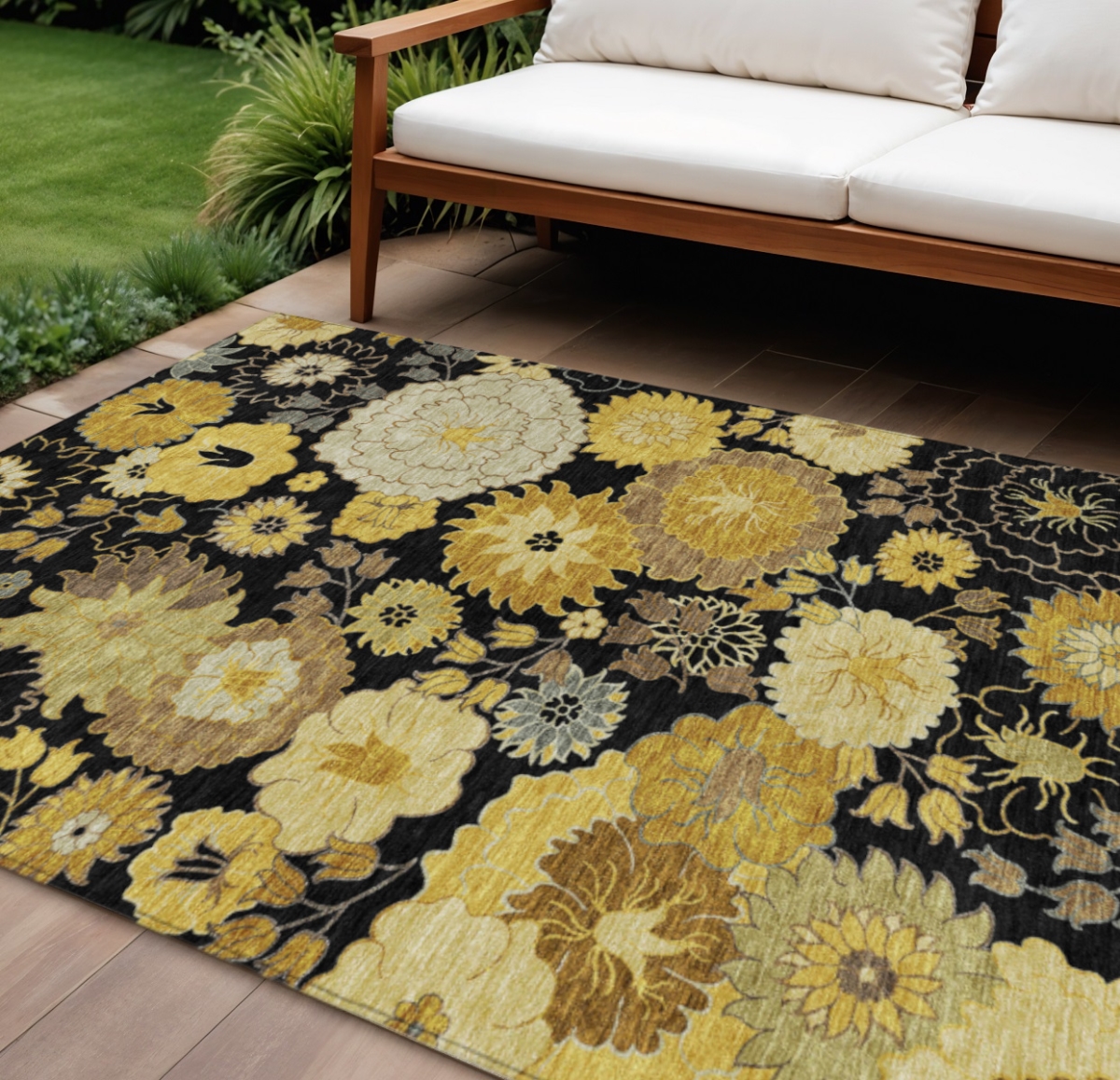 658098 10 x 14 ft. Black Gold & Beige Floral Washable Transitional Indoor & Outdoor Rectangle Area Rug