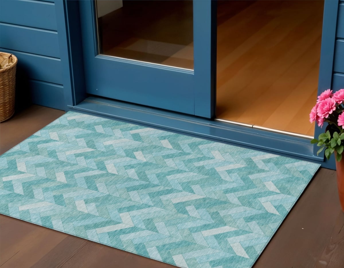 658195 3 x 5 ft. Aqua & Ivory Geometric Washable Transitional Indoor & Outdoor Rectangle Area Rug
