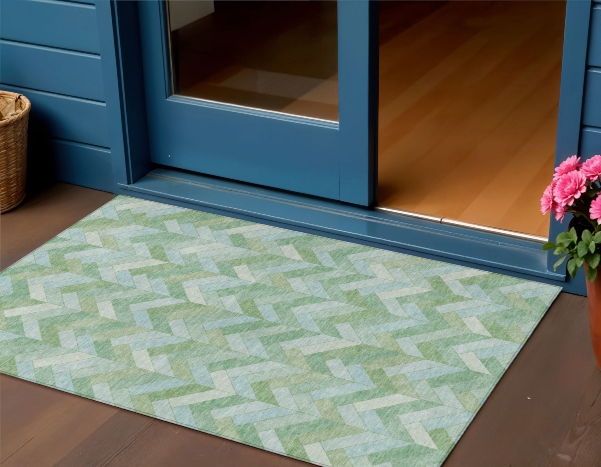 658201 3 x 5 ft. Green & Ivory Geometric Washable Transitional Indoor & Outdoor Rectangle Area Rug