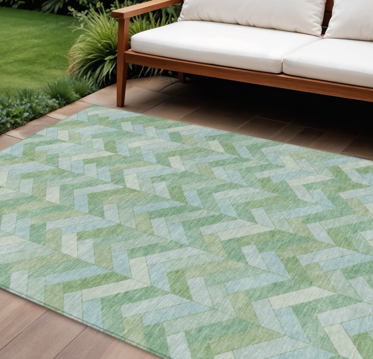 658204 8 x 10 ft. Green & Ivory Geometric Washable Transitional Indoor & Outdoor Rectangle Area Rug