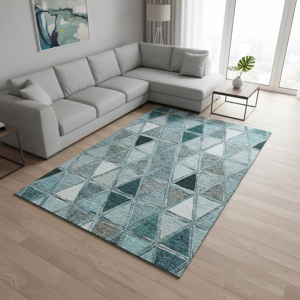 657652 9 x 12 ft. Teal, Gray & Ivory Geometric Transitional Washable Machine Made Rectangle Area Rug with UV Protection
