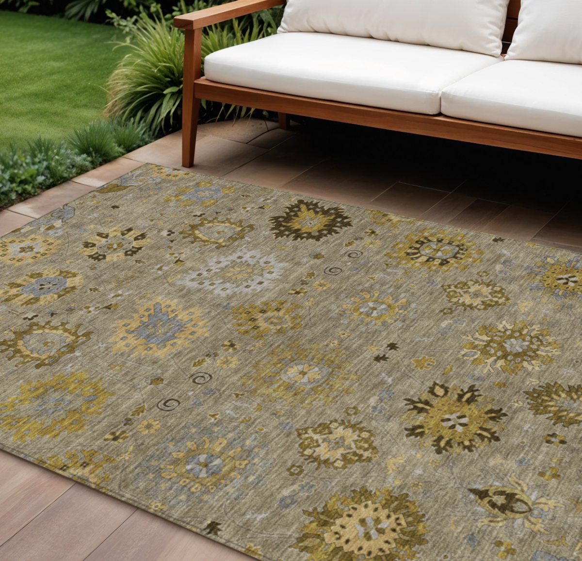 657882 10 x 14 ft. Khaki Gold & Gray Damask Washable Transitional Indoor & Outdoor Rectangle Area Rug
