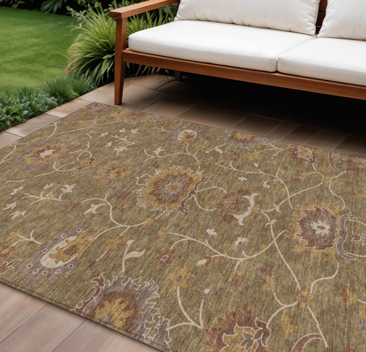 657912 10 x 14 ft. Brown & Beige Floral Washable Traditional Indoor & Outdoor Rectangle Area Rug