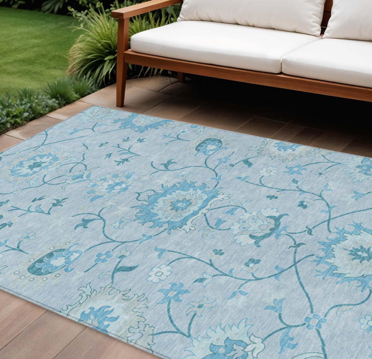 657990 10 x 14 ft. Sky Blue & Ivory Floral Washable Traditional Indoor & Outdoor Rectangle Area Rug