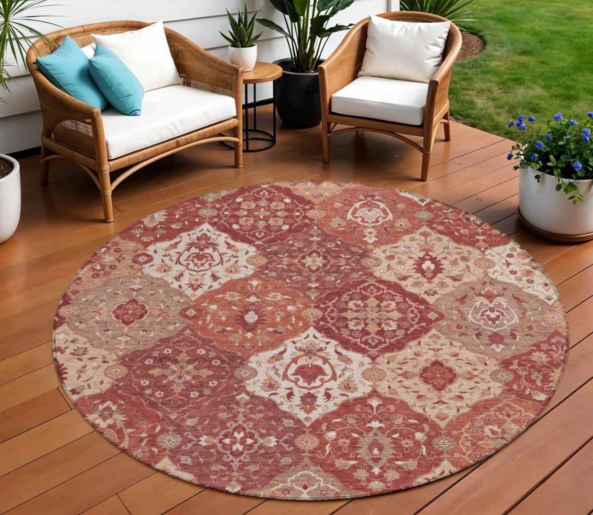 657993 8 ft. Rust Burgundy & Ivory Floral Medallion Washable Transitional Indoor & Outdoor Round Area Rug