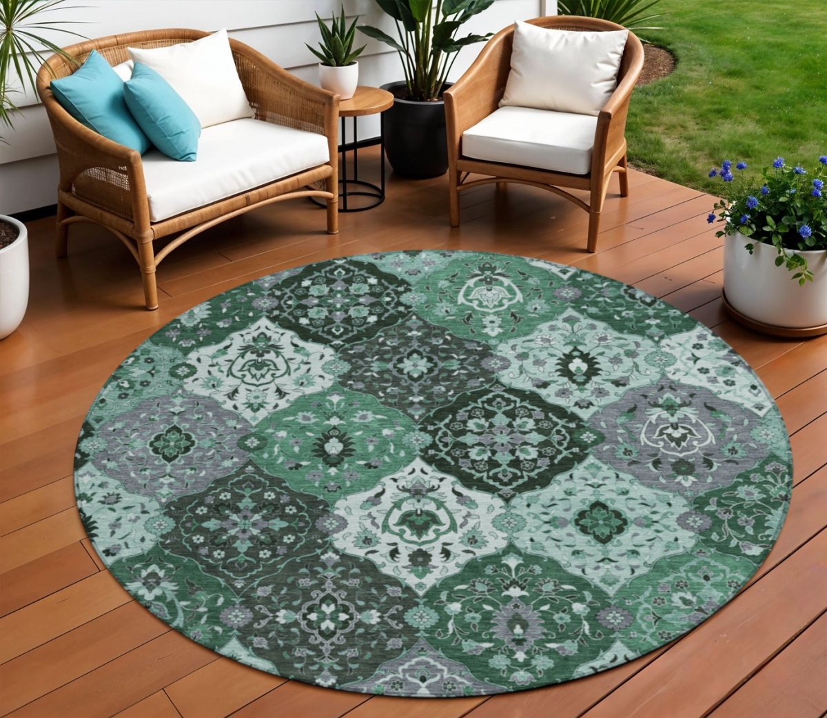 658017 8 ft. Green, Ivory & Gray Floral Medallion Washable Transitional Indoor & Outdoor Round Area Rug