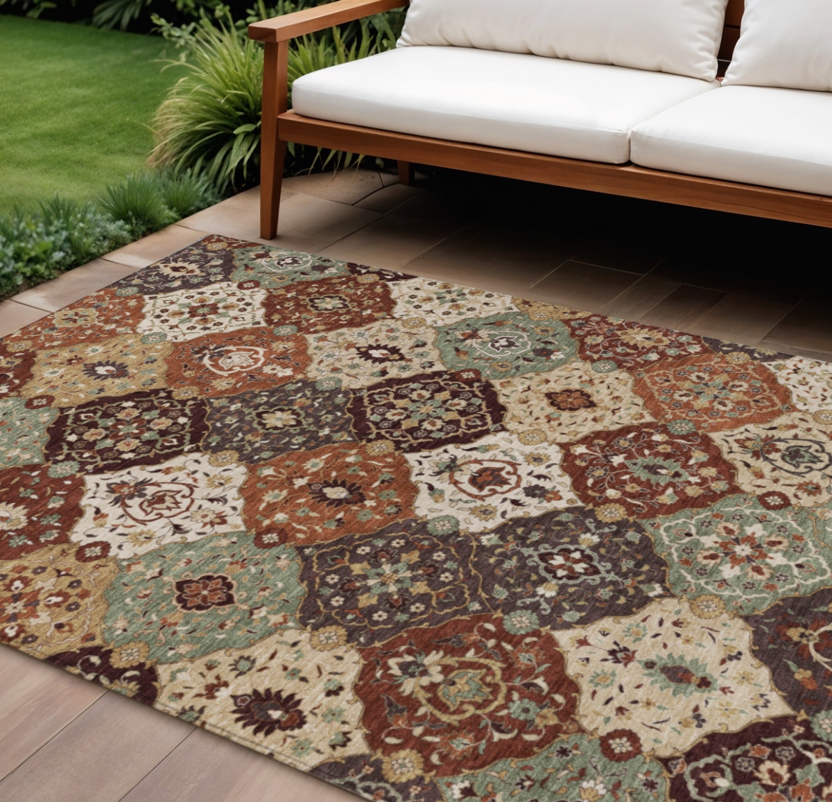 658024 8 x 10 ft. Chili Red Beige & Copper Floral Medallion Washable Transitional Indoor & Outdoor Rectangle Area Rug